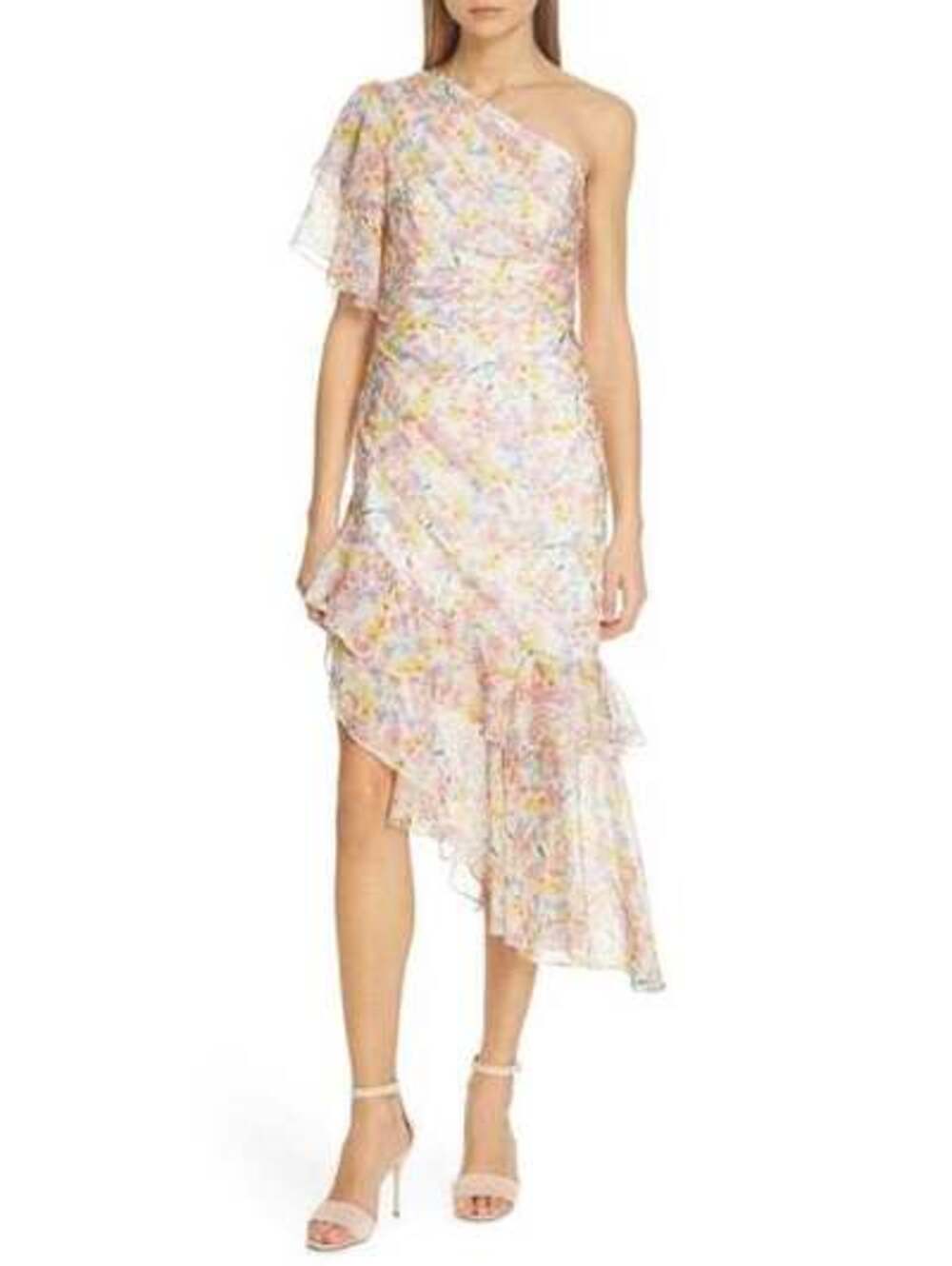 AMUR Clayton 100% Silk One Shoulder Floral Midi Dress Ruffle Wedding Sz 6